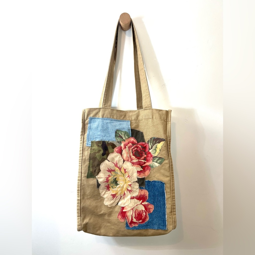 Floral Canvas Tote with Red and Blue Accents